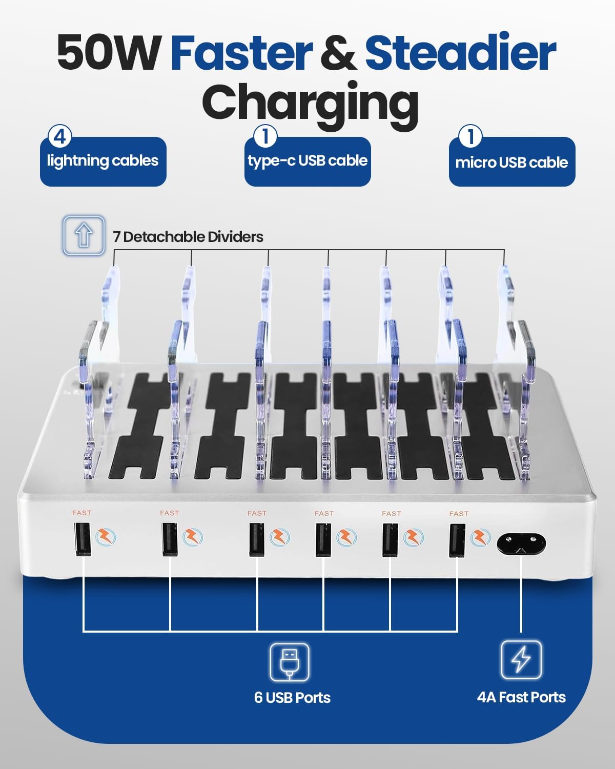 6-Port USB Charging Station with 6 Included Cables, Fast Charging Hub for iPhone Android Cell Phone, Tablet, Smartwatch - Multi Port Desktop Organizer (Silver)
