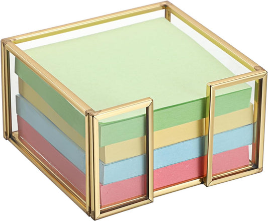 BTSKY Golden Glass 3x3 Inch Sticky Note Holder with Pen Slot, Elegant Post It Note Dispenser with Non-Slip Pads Clear Notepad Holder for Desk Organization Planning, Home Office Decor