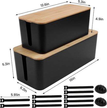 2 Pack Cable Management Box - Cord Organizer Box with Wooden Lid for TV Wires, Power Strips, Router, USB Hub & Under Desk Power: Baby & Pet Proof Cord Management, Cord Hider for Home & Office (White)