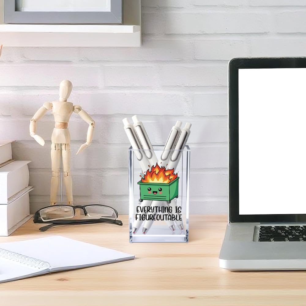Everything is Figureoutable Acrylic Cosmetic Pencil Pen Holder Cup, Emotional Dumpster Fire Pencil Pen Holder Cup, Therapy Gifts, Mental Health Gifts for Women Colleague Boss Teacher