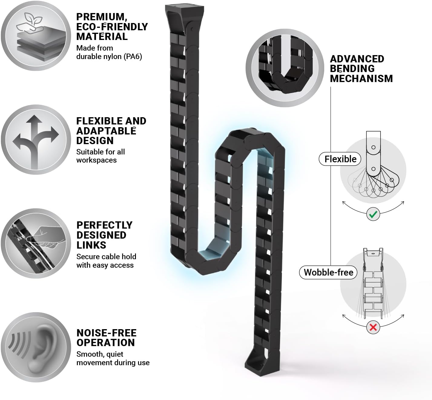 Ultimate Setup Under Desk Cable Management Vertebrae - Perfect for Sit Stand Desk - Wire Management - Adjustable Length - Flexible Cable Spine - Black, 133 cm