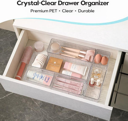 7 PCS Clear Drawer Organizer Bins, 4 Sizes with 7 Connector Clips, Stackable Makeup Vanity Organizer Trays for Bathroom Drawers, Cosmetics, Office Supplies, Kitchen Utensils & Gadgets