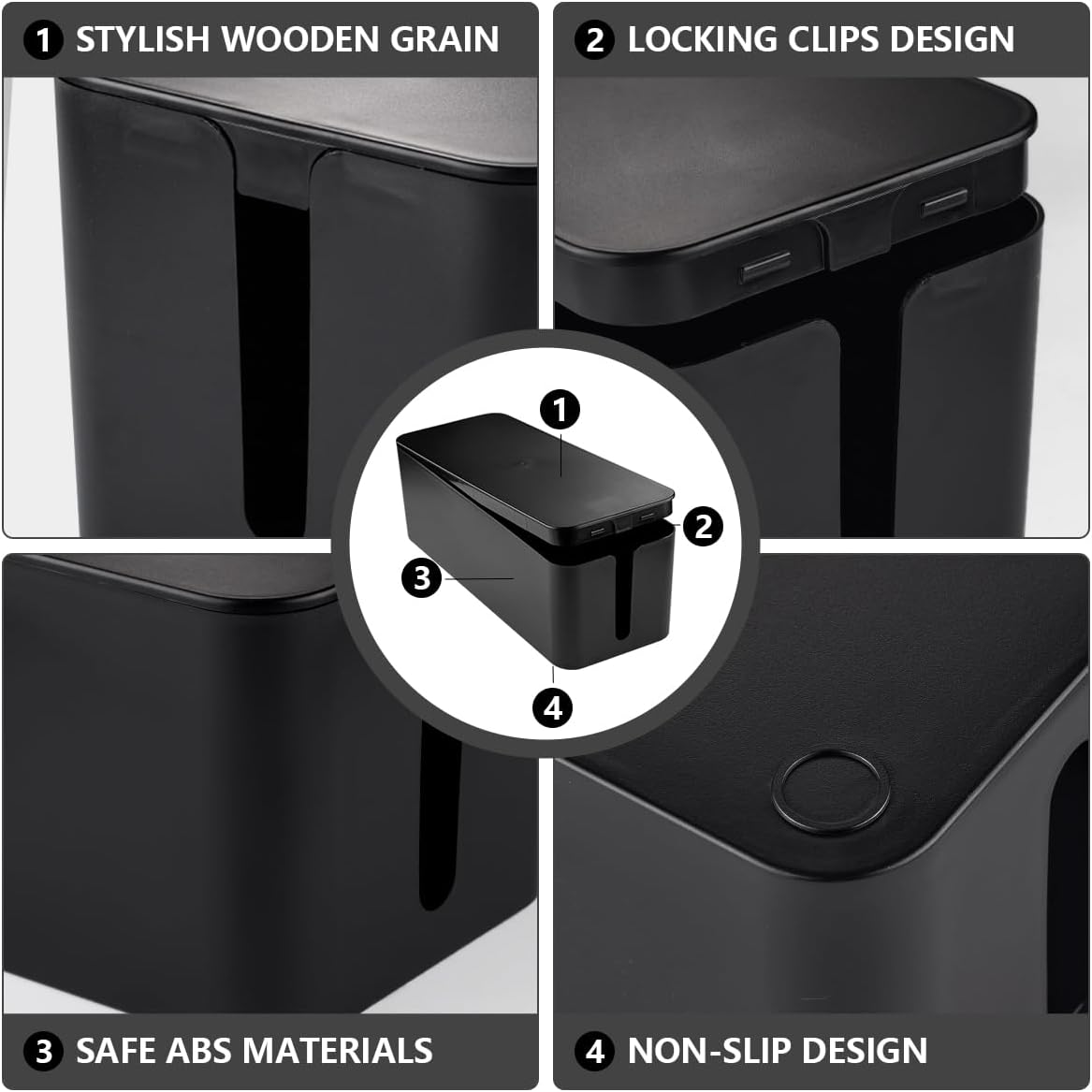 Cable Management Box Large - Wooden Grain Cable Organizer Box to Hide Wires&Power Strips,TV&Desk Computer Wires,with Cable Clips&Reusable Cable Ties for Home&Office(Black)