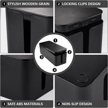 Cable Management Box Large - Wooden Grain Cable Organizer Box to Hide Wires&Power Strips,TV&Desk Computer Wires,with Cable Clips&Reusable Cable Ties for Home&Office(Black)