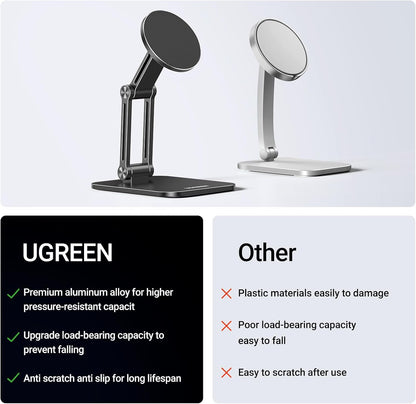 UGREEN Magnetic Phone Stand Compatible with MagSafe Holder for Desk Ergonomic Design Adjustable, Aluminum Cell Phone Stand Compatible for iPhone 17 Air 16 15 14 13 12 Pro Max and MagSafe Case, Grey