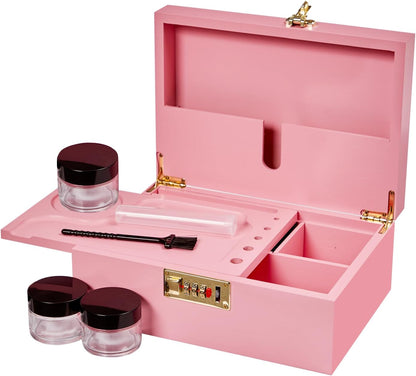 Bamboo Wood Desktop Organizer with 3 Glass Jars and Sliding Tray - Red Multi-Compartment Storage Case for Craft Supplies, Stationery, and Small Accessories (Pink)
