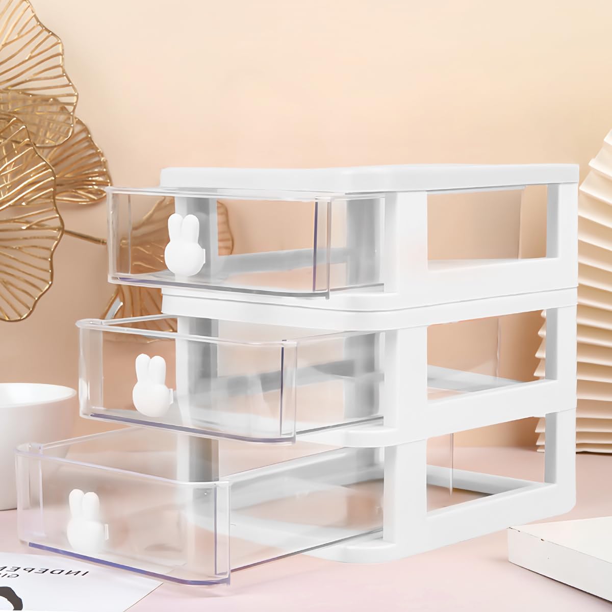 3 Layer Plastic Storage Drawer Bunny Transparent Cosmetic Organizer Rabbit Makeup Organizer Storage Container for Office School Home（White）