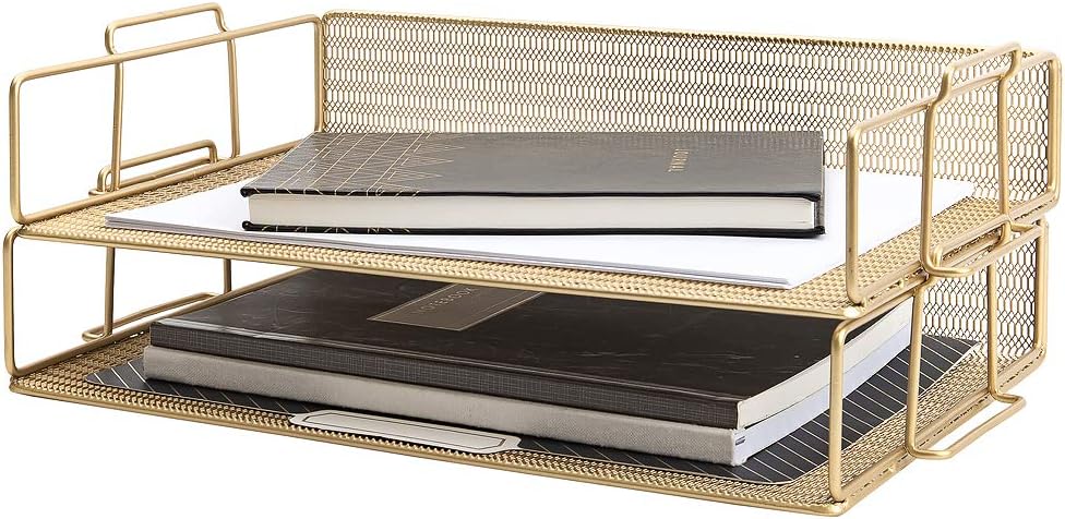 BLU MONACO | Paper Tray Stackable Gold Mesh Set of 2 | Stackable File Trays for Desk Organization | Tiered Desk Organizer with Metal Letter Trays