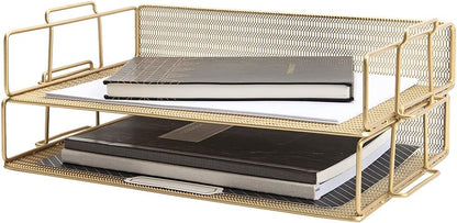 BLU MONACO | Paper Tray Stackable Gold Mesh Set of 2 | Stackable File Trays for Desk Organization | Tiered Desk Organizer with Metal Letter Trays