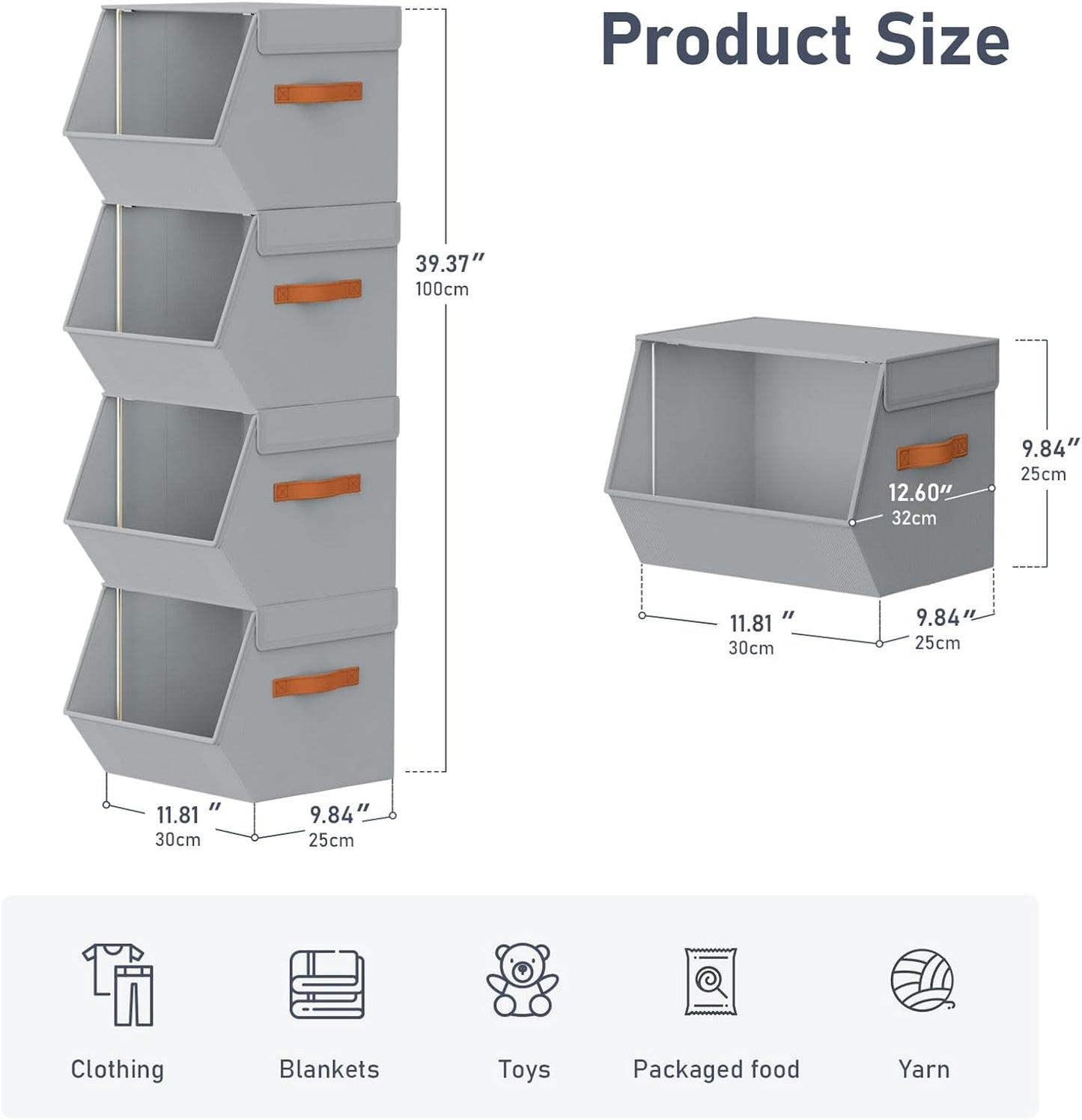 Stackable Closet Organizers and Storage Bins, Open Front Closet Shelf Organizer System With Steel Frame, Clothes Storage Basket Fabric, Collapsible Closet Drawers for Wardrobe, Nursery ,Toy, 4 Pack
