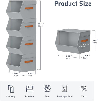 Stackable Closet Organizers and Storage Bins, Open Front Closet Shelf Organizer System With Steel Frame, Clothes Storage Basket Fabric, Collapsible Closet Drawers for Wardrobe, Nursery ,Toy, 4 Pack