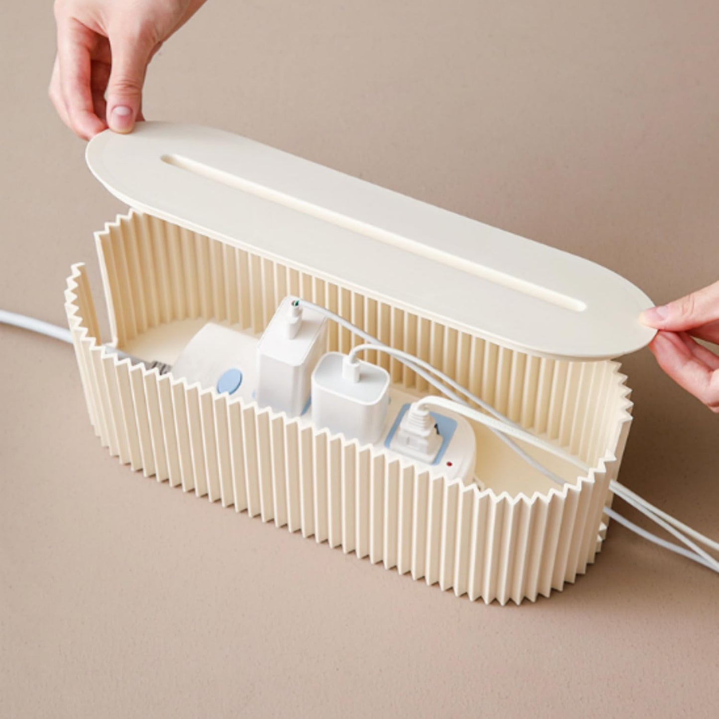 Cable Management Box,Desk Cord Organizer with Groove Cover,Plastic Cord Hider Box,Large Cable Box Organizer,Power Socket Management for TV/Computer/Router/Games Console Cable Storage (Milk Tea)