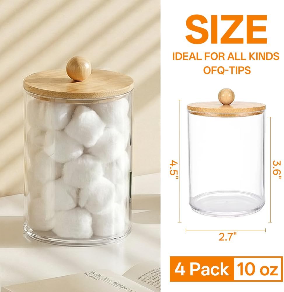 6 Pack Clear Stackable Storage Drawers & Qtip Holder Dispenser with Bamboo Lids, Acrylic Drawer Containers Plastic Organizer Bins for Makeup, Bathroom, Cabinet, Undersink