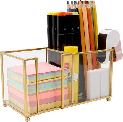 Sticky Note Holder,Glass Post It Note Dispenser with Pen Slot,Gold 3 x 3 Inch Post It Note Holder for Desk,Stylish Sticky Note Dispenser for Home Office Desk