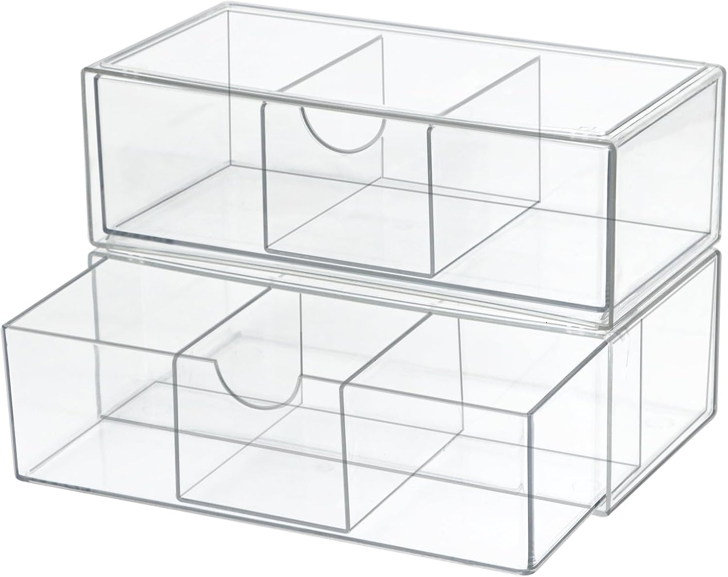 Set of 2 Stackable Storage Drawers - 6.7" Clear Plastic Drawer Storage, Acrylic Makeup Organizer, Desk Counter Cabinet Office Organizer, Bathroom Organizers and Storage (Modern/Set of 2)