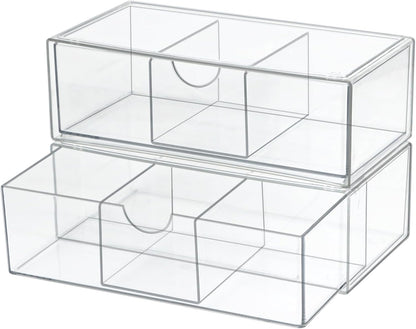 Set of 2 Stackable Storage Drawers - 6.7" Clear Plastic Drawer Storage, Acrylic Makeup Organizer, Desk Counter Cabinet Office Organizer, Bathroom Organizers and Storage (Modern/Set of 2)