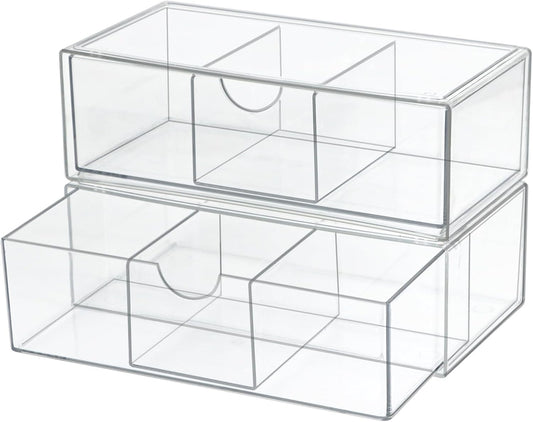 Set of 2 Stackable Storage Drawers - 6.7" Clear Plastic Drawer Storage, Acrylic Makeup Organizer, Desk Counter Cabinet Office Organizer, Bathroom Organizers and Storage (Modern/Set of 2)