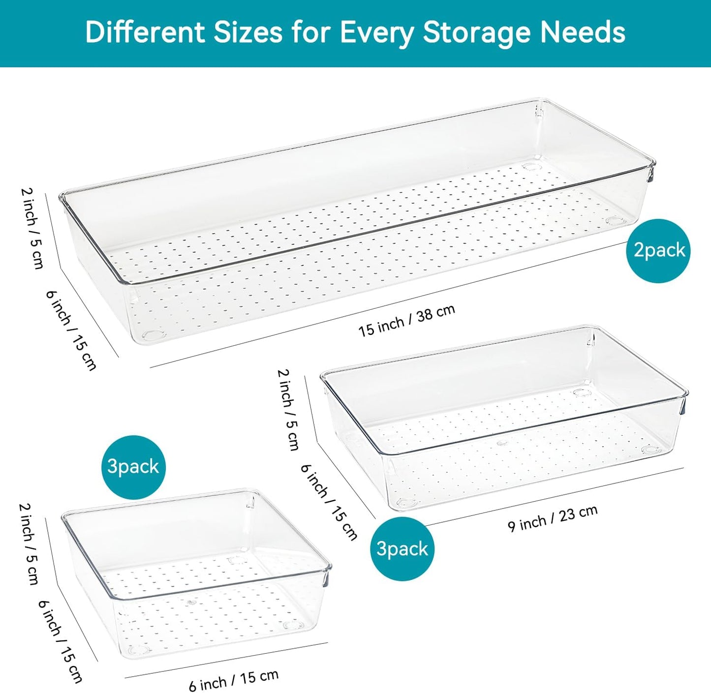 Voova 6 Pack Plastic Drawer Organizers Set,3-Size Kitchen and Office Desk Drawer Organizer Trays, Acrylic Non Slip Storage Bin Divider for Makeup,Jewelry,Gadgets Utensils,Bedroom,Bathroom Vanity,Clear