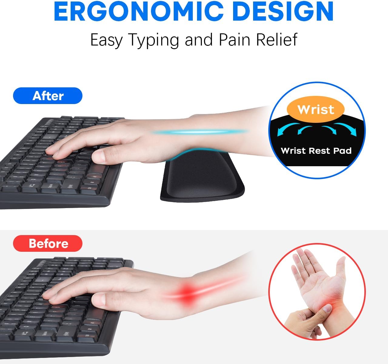 Keyboard Wrist Pad Rest, Keyboard Arm Rest Wrist Support with Memory Foam 2 Pack, Easy Typing and Pain Relief for Computer, Laptop, Office, 17.3 x 3.5 in, Black