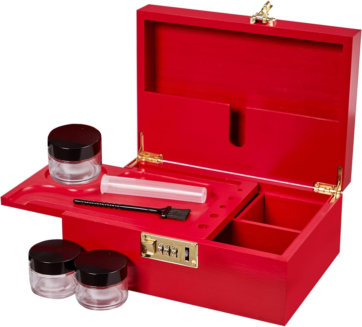 Bamboo Wood Desktop Organizer with 3 Glass Jars and Sliding Tray - Red Multi-Compartment Storage Case for Craft Supplies, Stationery, and Small Accessories (Pink)