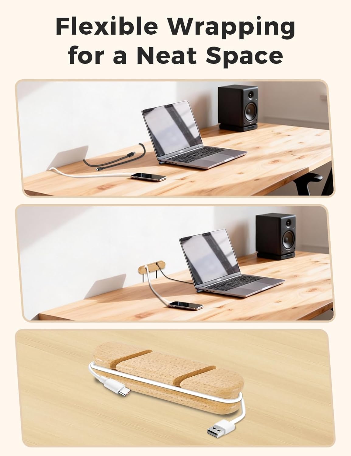 Solid Walnut Cable Holder & Cord Organizer, Adhesive Cable Clips for Desk, Under Desk, Wall, Bedside & Car, Wood Cable Management for Home Office, Phone Charging & USB Cables