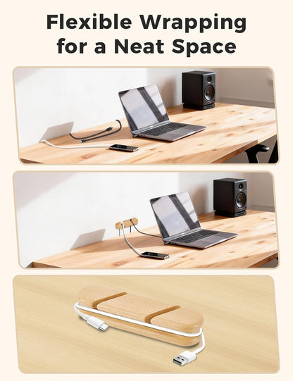 Solid Walnut Cable Holder & Cord Organizer, Adhesive Cable Clips for Desk, Under Desk, Wall, Bedside & Car, Wood Cable Management for Home Office, Phone Charging & USB Cables