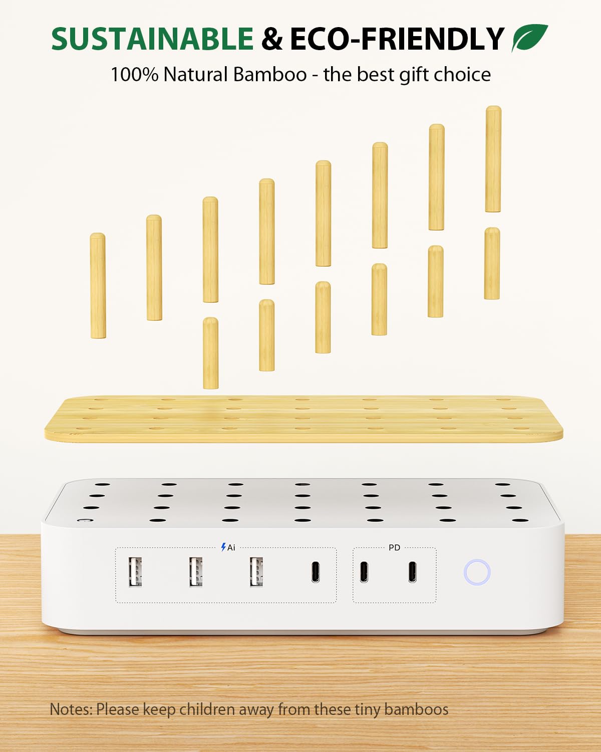 Bamboo USB-C Charging Station for Multiple Devices,60W 6 Port Charing Dock with 3 AC Outlets, 3 USB C, 3 USB A,6.6ft Power Cord for lPhone,lPad,Tablets (6 Mixed Cables Included),White