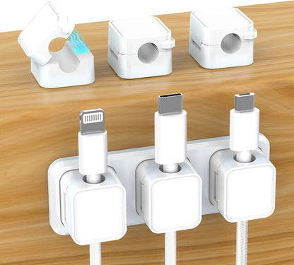 Magnetic Cable Organizer for Desk – Upgraded Wire Clips with Adhesive Base – Desktop Cord Holder for USB, Charging Cables – 6 Clips + 1 Magnetic Base (Black)
