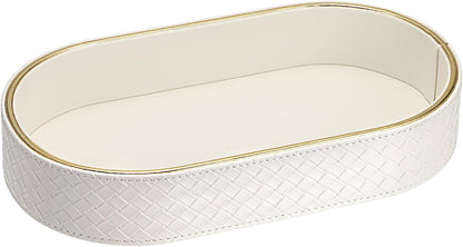 Hipiwe Perfume Trays PU Leather Vanity Tray for Dresser Bathroom Valet Trays Oval Desk Tray Jewelry Dish Holder Decorative Catchall Trays Nightstand Organizer, Beige