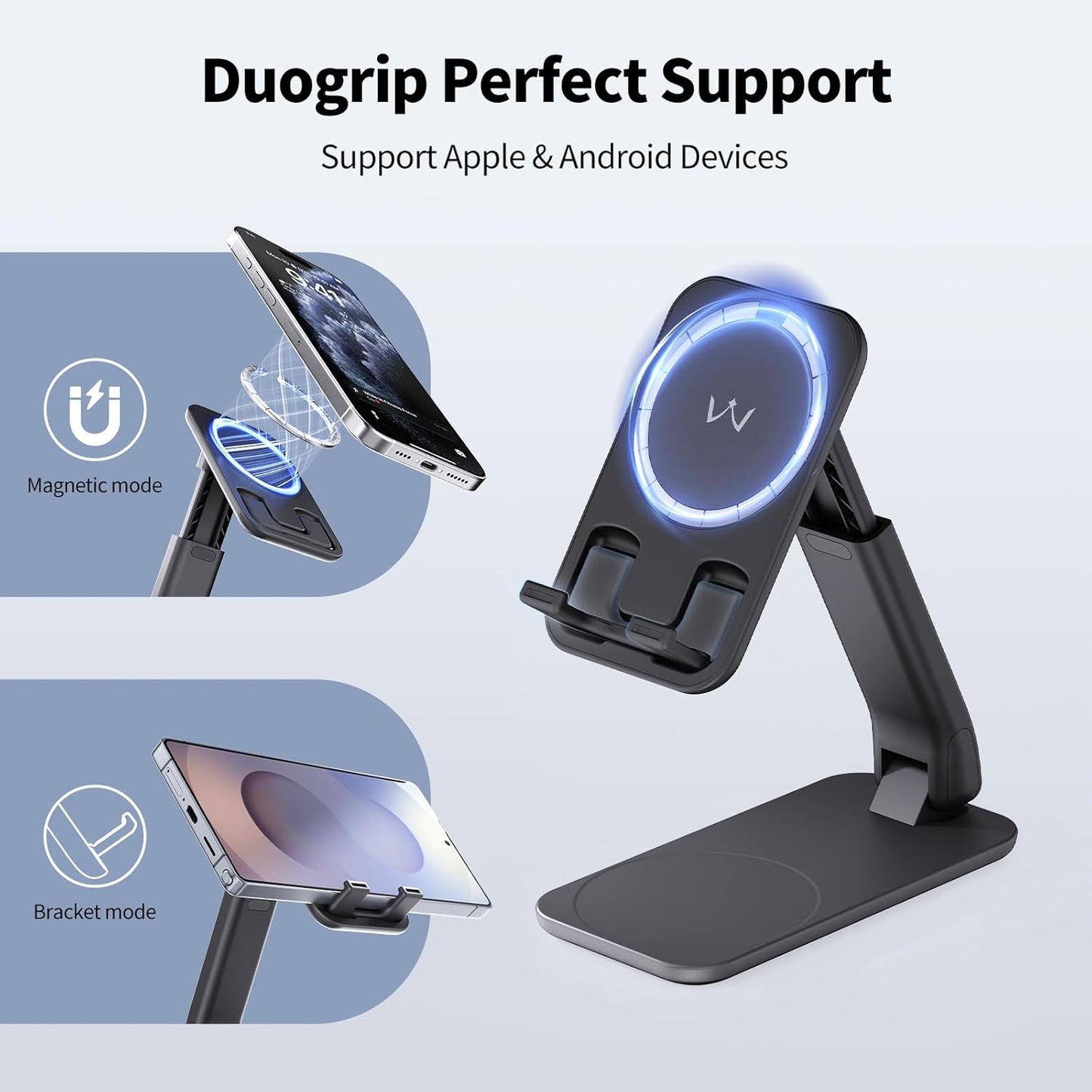 iWALK Magnetic Cell Phone Stand for Desk, Angle and Height Adjustable Mobile Phone Holder, Foldable Magnet Stand for iPhone 17 16 15 14 13 12 Pro Max and iPad, Cell Phone Holder for Samsung, White
