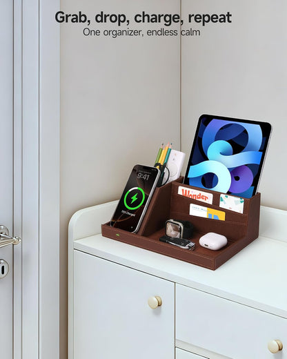 Fast Wireless Charging Station with Desk Organizer for iPhone 17/16/15/15 Pro/14/14 Pro Max/14 Pro/14 Plus/13/13 Pro Max/13 Pro/and iPhone 12/11 Series, Nightstand Desktop Organizer, Brown