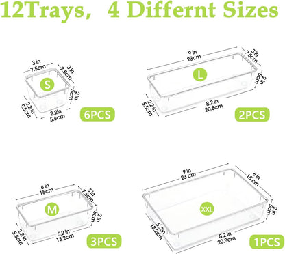 Clear Acrylic Drawer Organizer Trays, 5 Size Junk Box Organization Small Storage Container Bin for Desk Makeup Bathroom Vanity Kitchen Tool Make Up Workspace Home Dorm Apartment Office Room Nightstand