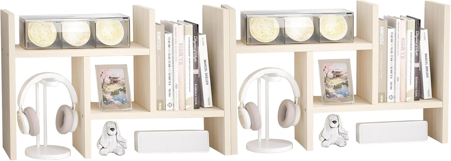 Jerry & Maggie Desktop Organizer Office Storage Rack Adjustable Wood Display Shelf Free Style Double H, Multi-Functional Mini Bookshelf for Desk Natural Stand (Natural Wood Tone)