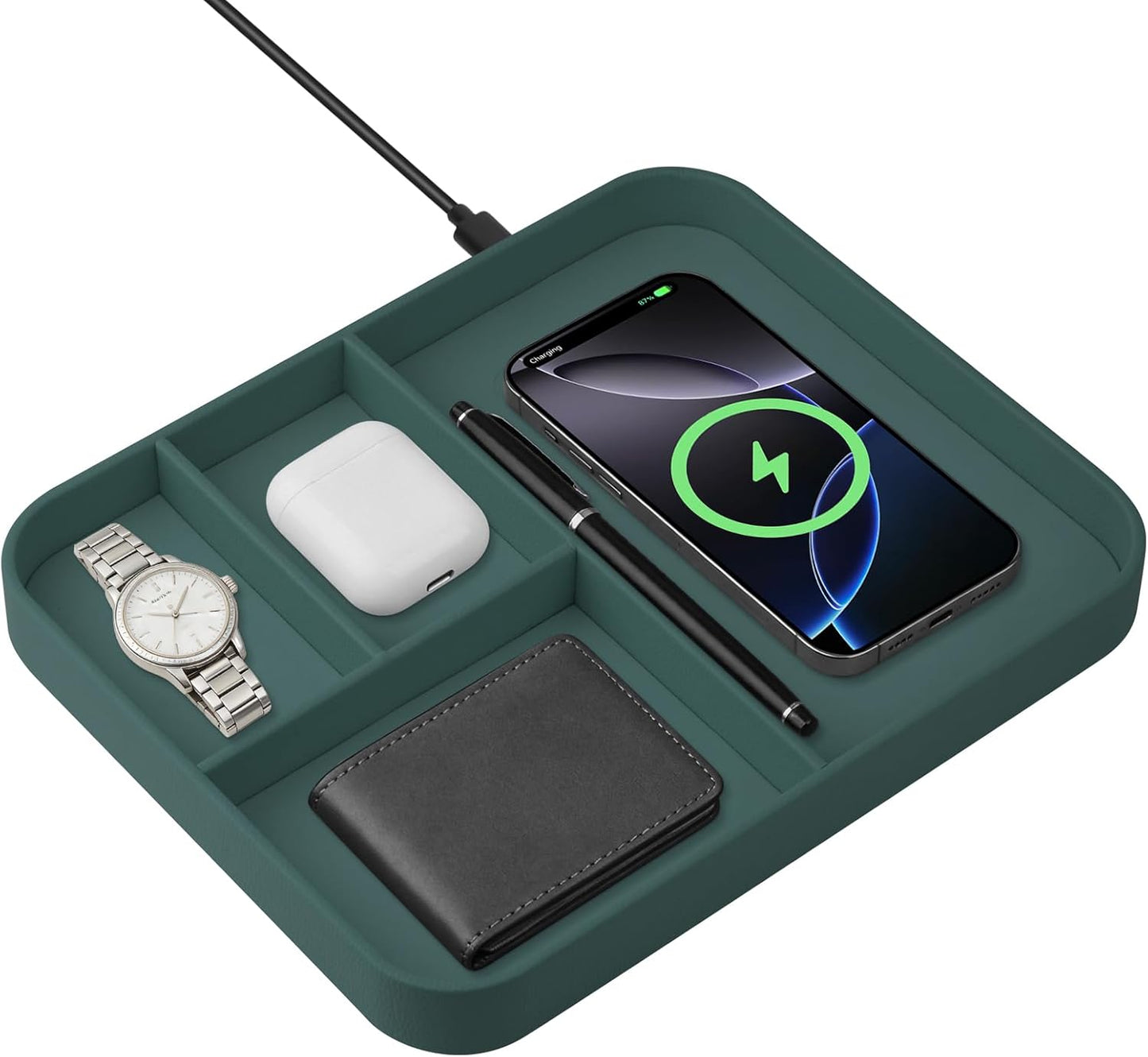 VOVIPO Birthday Gifts Bedside Organiser-Faux Leather Valet Tray With Wireless Charger For Phone And Earbuds,Nightstand Organizer,Mens Jewelry Box,Office Desk Organizers