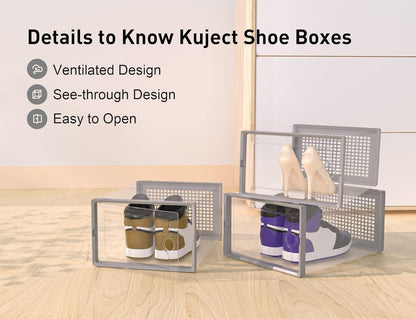 Kuject X-Large Shoe Storage Boxes Organizers Clear Plastic Stackable 12 Pack, Shoe Rack & Holder Substitute, Sneaker Containers, Toy Storage Organizer Bins for Entryway, Closet, Under Bed, Black