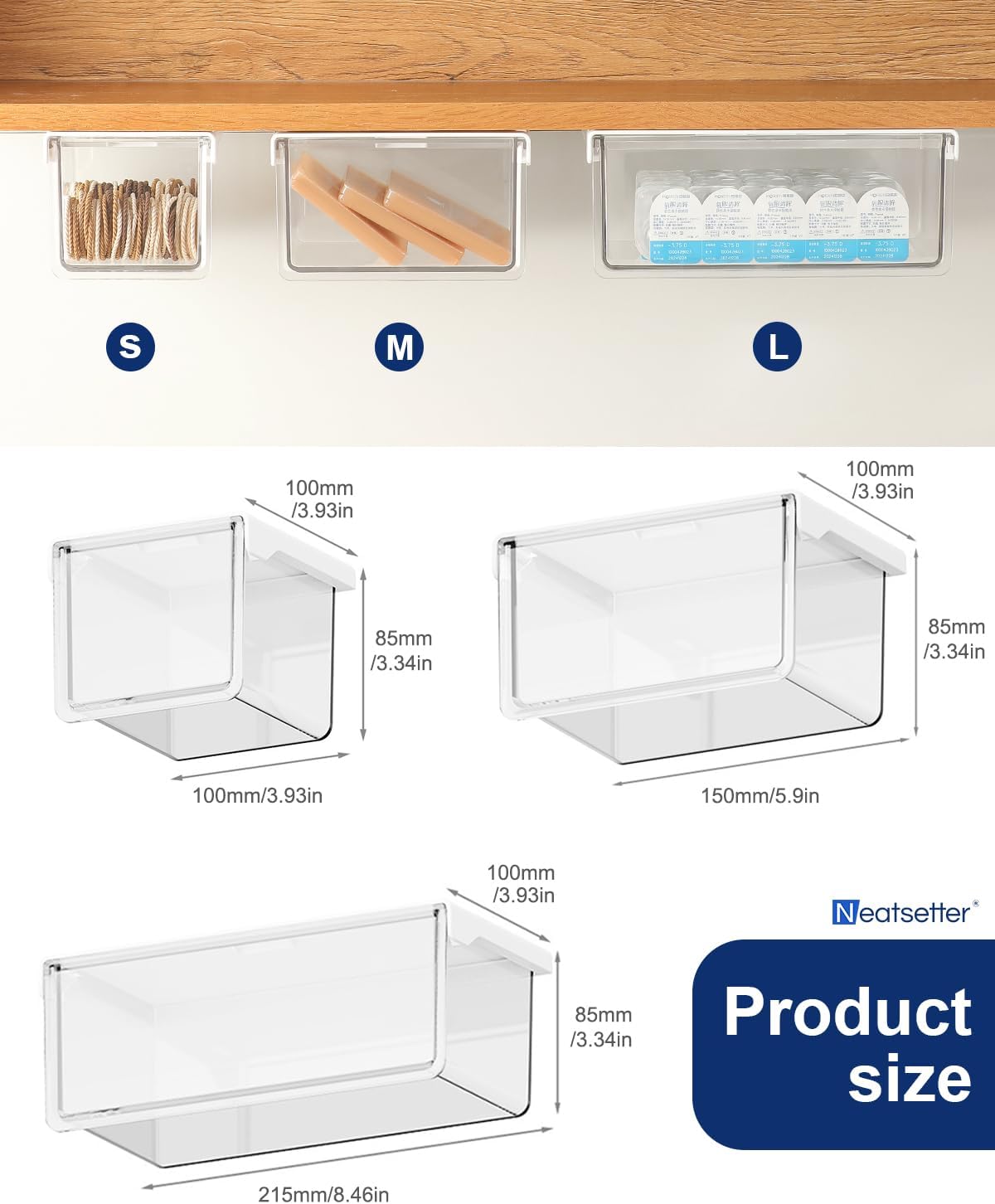 Hanging Cabinet Organizer – 33° Tilted Under Desk Drawer & Bathroom Storage – Self-Adhesive Clear Pull-Out Bins for Kitchen, Office & Vanity (Medium)