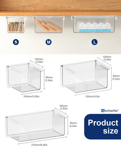 Hanging Cabinet Organizer – 33° Tilted Under Desk Drawer & Bathroom Storage – Self-Adhesive Clear Pull-Out Bins for Kitchen, Office & Vanity (Medium)
