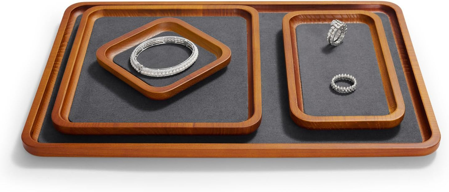 Oirlv Solid Wood Jewelry Display Tray Small Jewelry Tray Rings Earrings Bracelets Necklace Holder Organizer(Rectangle, Grey)