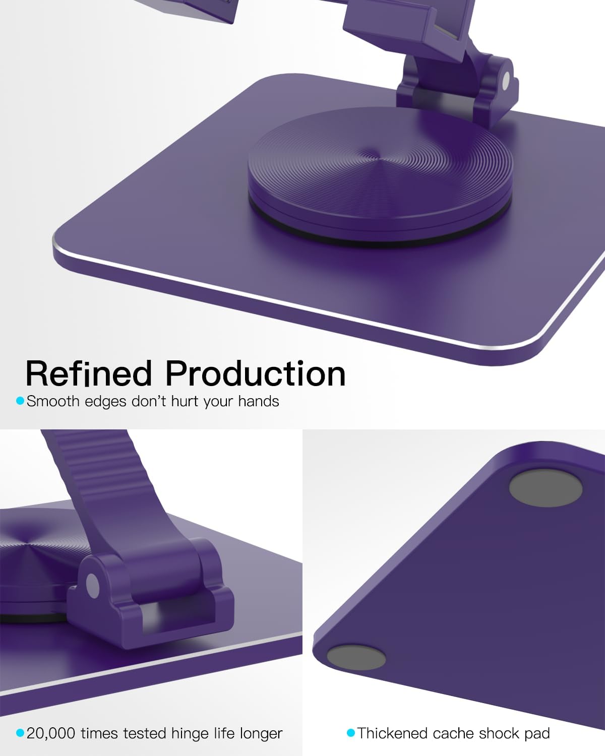 Cell Phone & Tablet Stand for Desk, Aluminum Adjustable Holder for iPhone, iPad & Smartphones || Foldable Mount with 360° Swivel, Stable Base & Portable Design for 4–9.7in Devices, Purple