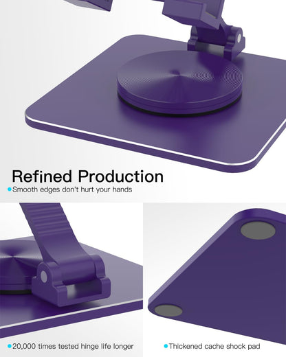 Cell Phone & Tablet Stand for Desk, Aluminum Adjustable Holder for iPhone, iPad & Smartphones || Foldable Mount with 360° Swivel, Stable Base & Portable Design for 4–9.7in Devices, Purple