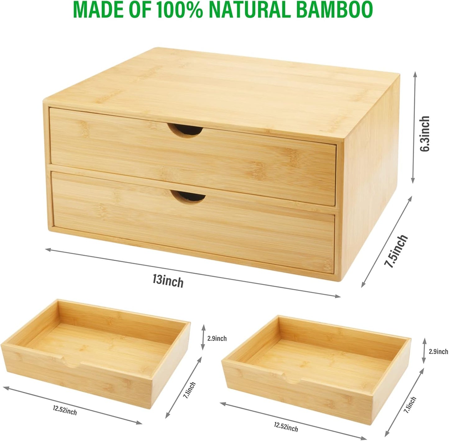 Charmewooden Bamboo Desk Organizer with 3 Drawers, Countertop Organizer with Drawers Makeup Storage Drawer 3 Drawers Tabletop Storage Organization Box Home Office Workspace