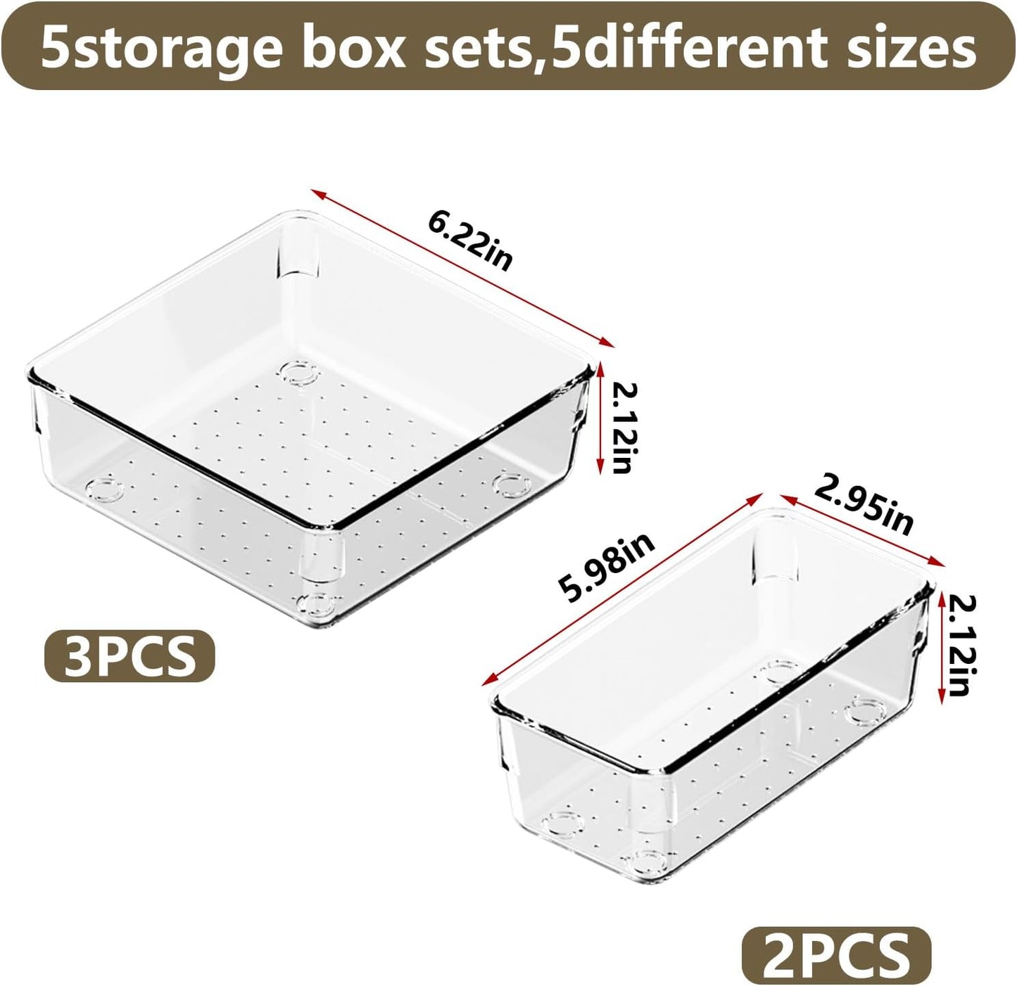21 PCS Clear Plastic Drawer Organizer Set with 15 Inch Extra Long Bins, 5 Sizes Acrylic Makeup Organizer and Storage Trays, Non Slip Dividers for Vanity, Kitchen and Office