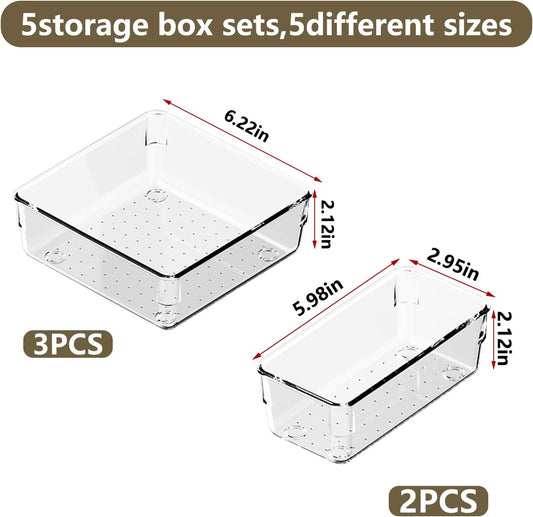 21 PCS Clear Plastic Drawer Organizer Set with 15 Inch Extra Long Bins, 5 Sizes Acrylic Makeup Organizer and Storage Trays, Non Slip Dividers for Vanity, Kitchen and Office