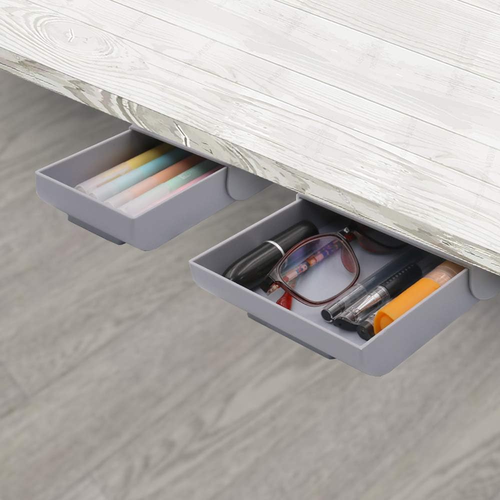 YOOUSOO 2 Pack Under Desk Storage Drawer Organizer, Hidden Slide Out Drawer Attachment, with Self - Adhesive Feature for Desktop and Table Organization, Hidden Under Desk