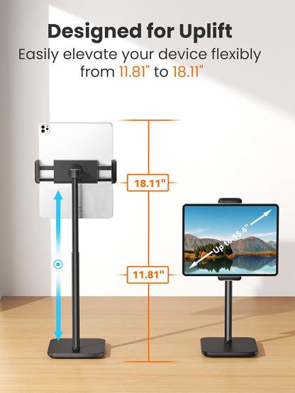 tounee Height Adjustable Tablet Stand, 3.5lb (1.6kg) Max Support, Up to 18" Tall, Slim Portable Monitors Stand Compatible with iPad Pro 12.9, Surface Pro, All 4.7"-15.6" Devices - Black