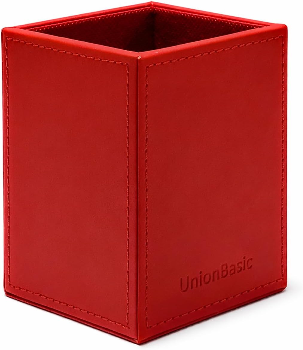UnionBasic Square Pen Holder, Leather Pencil Cup, Desktop Caddy Stationery Organizer, Beige