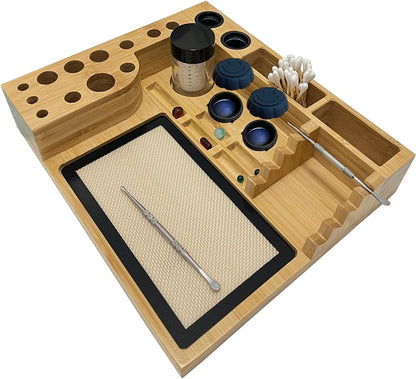 Bamboo Desk Organizer,Carving Tool Organizer with Non-sticky Mat and Silicone Container (21 x 16 x 4.5cm)