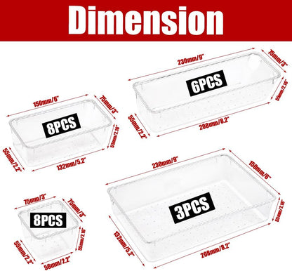 25 PCS Clear Plastic Drawer Organizers Set – Non-Slip Bin Set with Adhesive Dots, Versatile Acrylic Trays for Makeup, Jewelry, Vanity, Kitchen Gadget or Office Desk, Bathroom Stable Storage Container