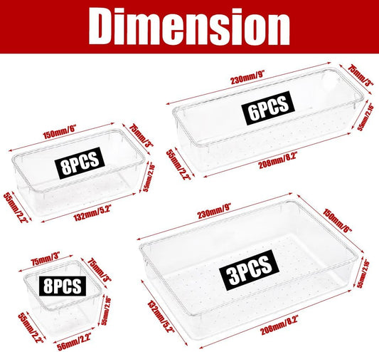 25 PCS Clear Plastic Drawer Organizers Set – Non-Slip Bin Set with Adhesive Dots, Versatile Acrylic Trays for Makeup, Jewelry, Vanity, Kitchen Gadget or Office Desk, Bathroom Stable Storage Container