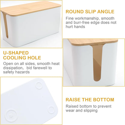 Cable Tidy Box White Cable Box with Bamboo Lid Cable Organiser Cable Management Box for Hiding Cables and Plugs